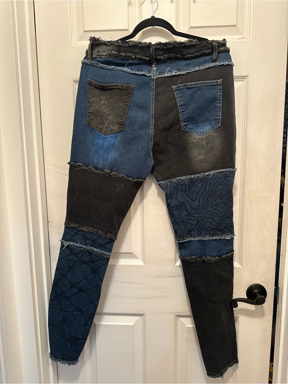 Patchwork Black and Dark Blue Women's Stretch Jeans- Distressed Artistic Design - Picture 6 of 6